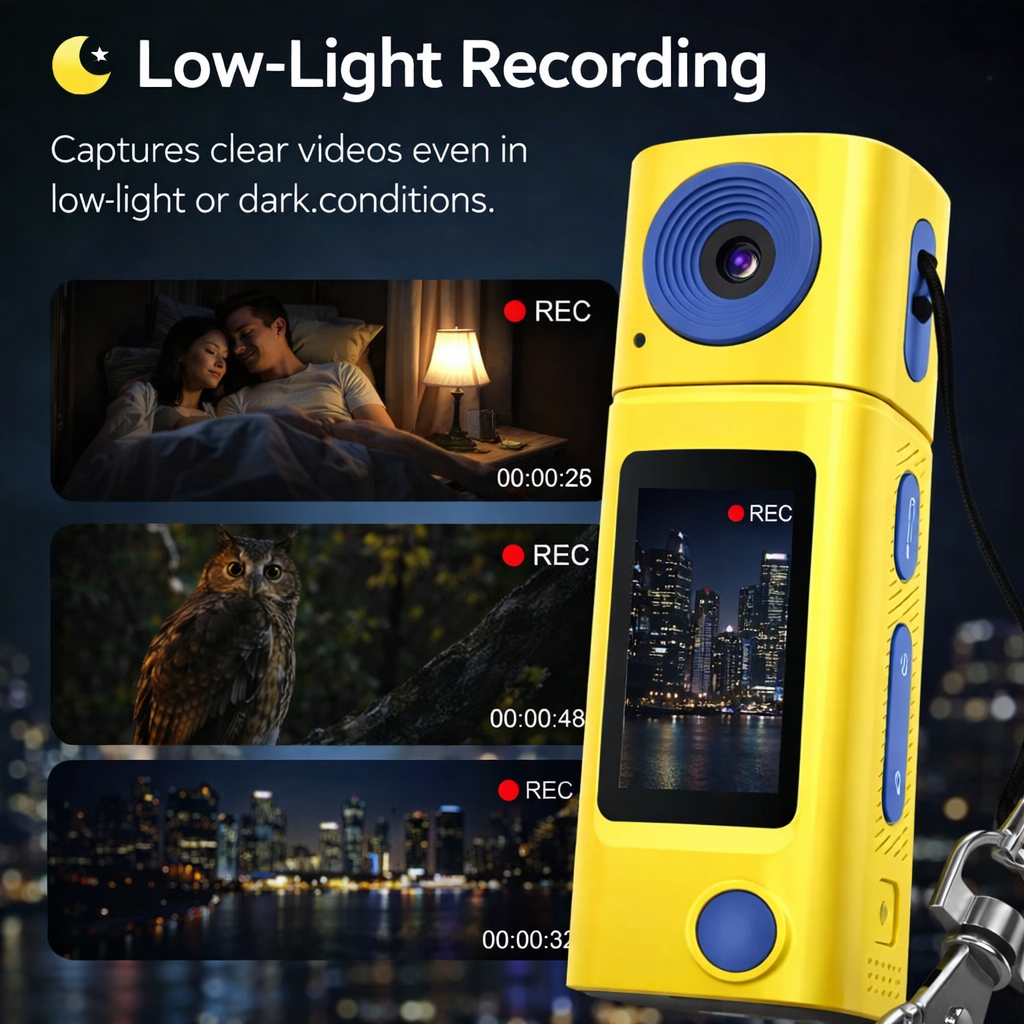 Mini Digital Camera with 230° Rotating Lens for Flexible Shooting Angles