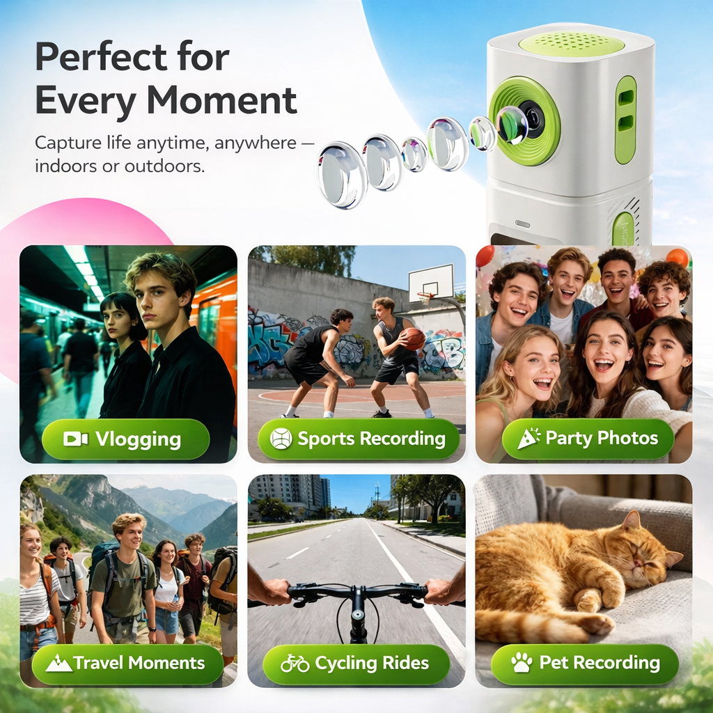 Mini Digital Camera with 230° Rotating Lens for Flexible Shooting Angles