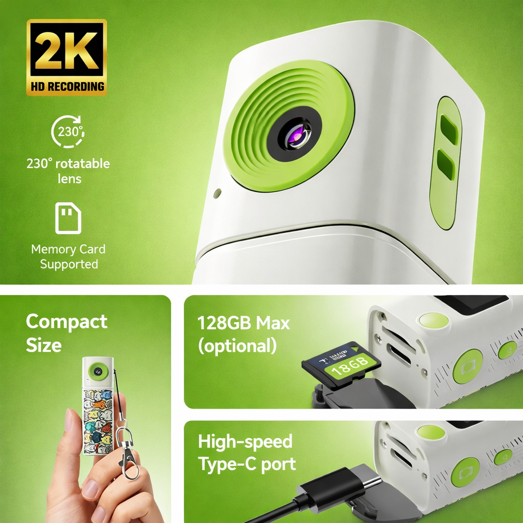Mini Digital Camera with 230° Rotating Lens for Flexible Shooting Angles